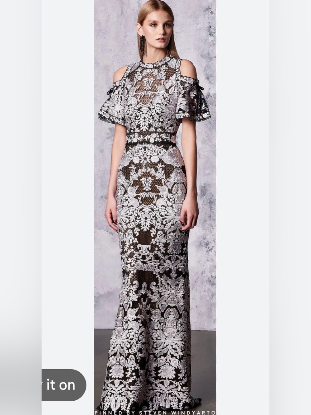 Marchesa Notte Cold-Shoulder Black and White Lace Evening Dress